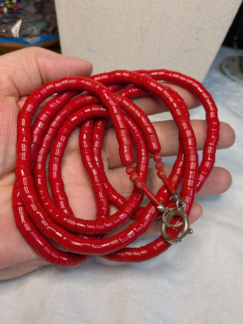 Vintage Red Enamel Brass Bead Necklace – 46" Long Layering Strand - Picture 5 of 8